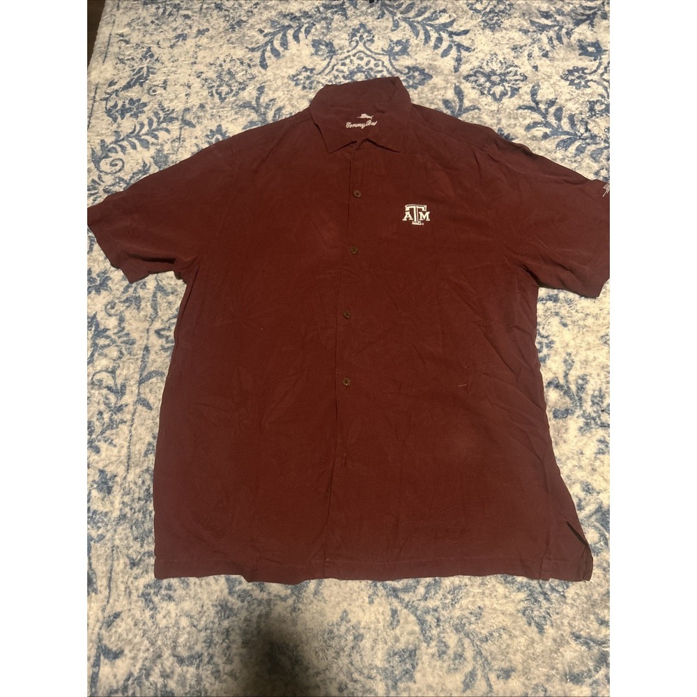 Texas A&M Aggies Shirt Mens Large Maroon Red Tommy Bahama Silk Short Sleeve